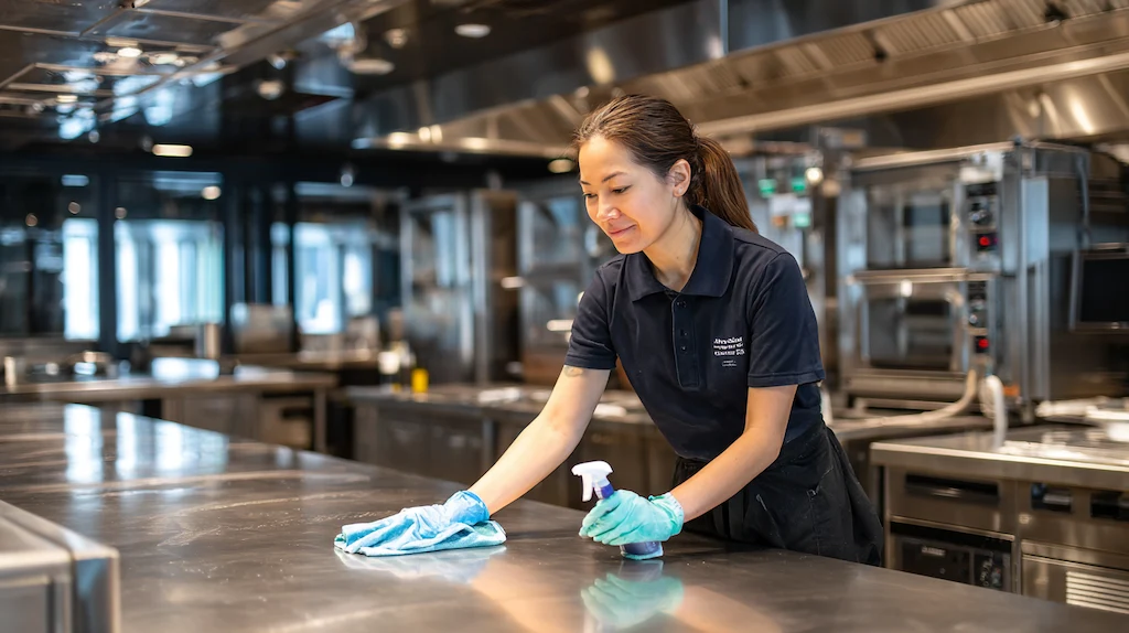 Professional cleaner wearing gloves wiping down a stainless steel bench in a commercial restaurant kitchen