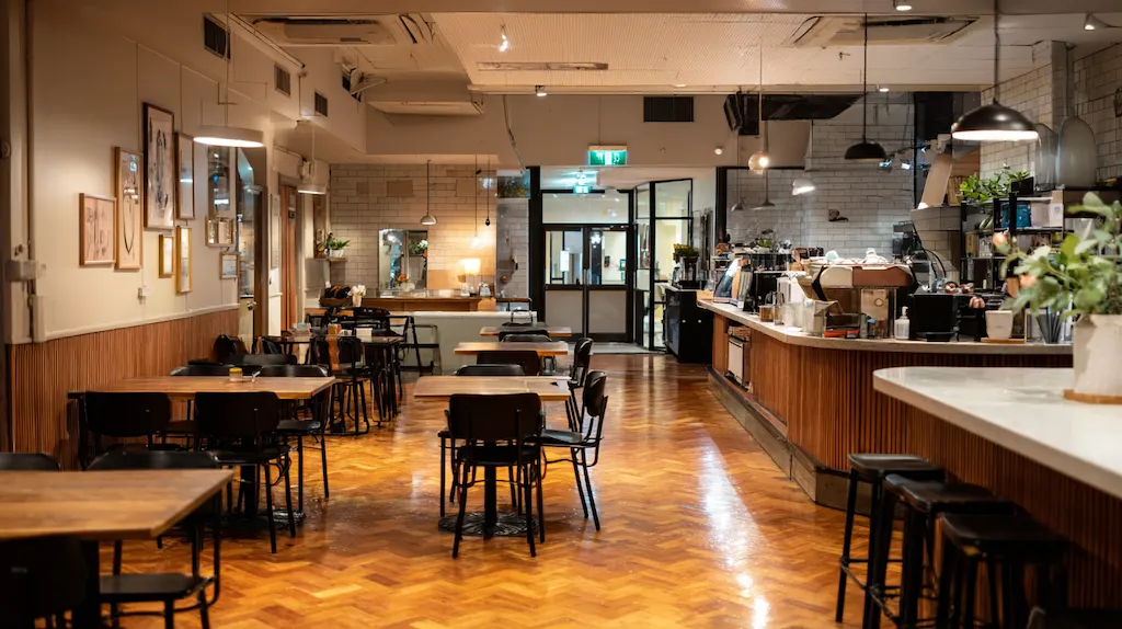 Professional cleaner mopping a clean modern Australian restaurant dining area with booth seating and warm lighting