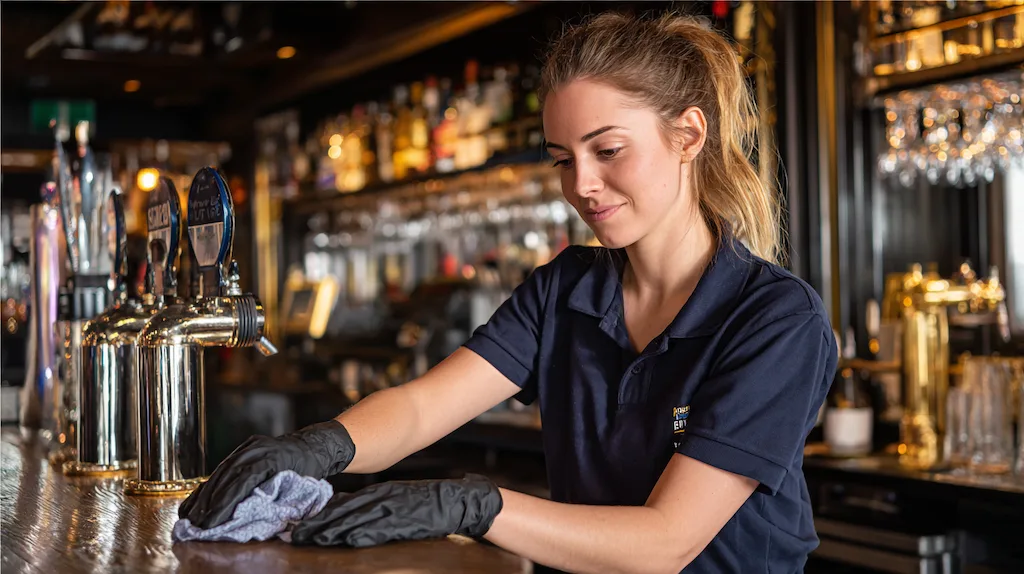 Professional cleaner wearing gloves wiping down a pub bar counter with beer taps and bottle shelves in background